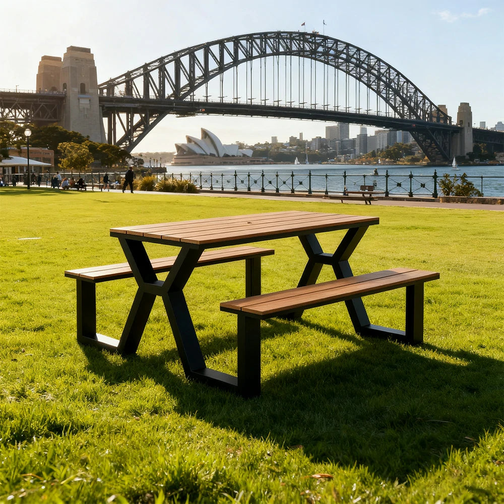 SOLARA Outdoor Table & Chair Set 120/160/200cm Eco-Friendly Waterproof Sunproof Plastic-Wood Surface Durable Anti-Oxidation Steel Frame - Black