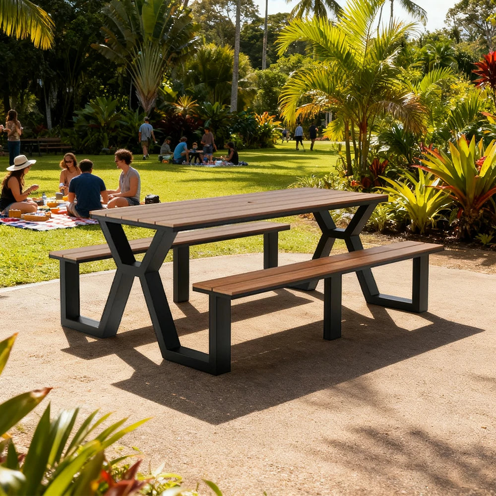 SOLARA Outdoor Table & Chair Set 120/160/200cm Eco-Friendly Waterproof Sunproof Plastic-Wood Surface Durable Anti-Oxidation Steel Frame - Black