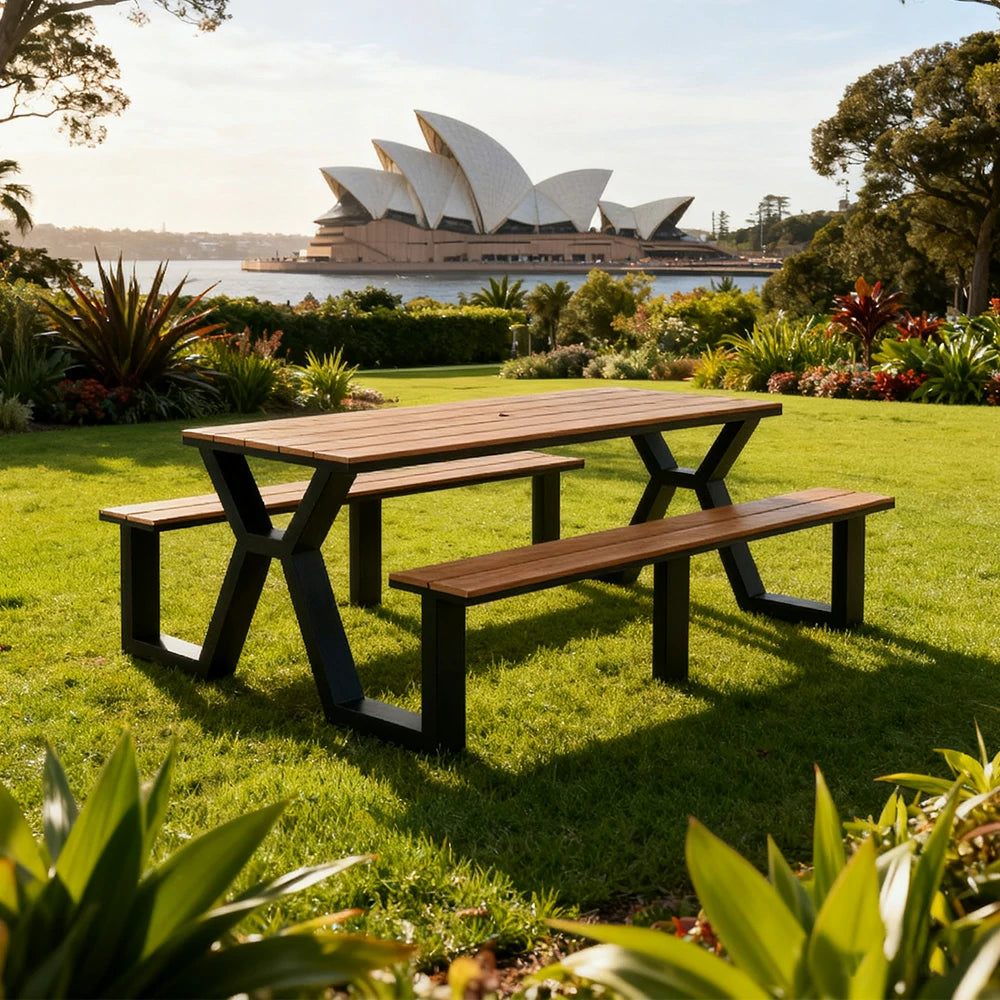 SOLARA Outdoor Table & Chair Set 120/160/200cm Eco-Friendly Waterproof Sunproof Plastic-Wood Surface Durable Anti-Oxidation Steel Frame - Black