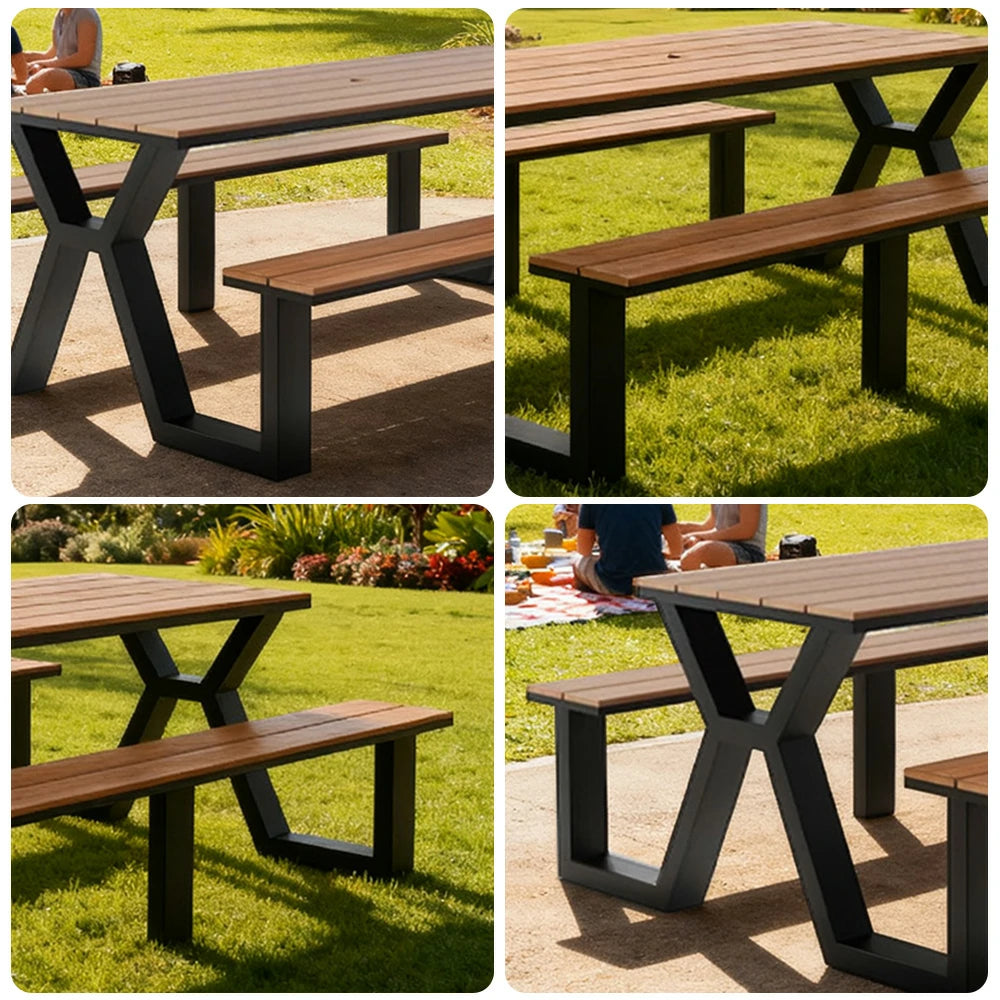 SOLARA Outdoor Table & Chair Set 120/160/200cm Eco-Friendly Waterproof Sunproof Plastic-Wood Surface Durable Anti-Oxidation Steel Frame - Black