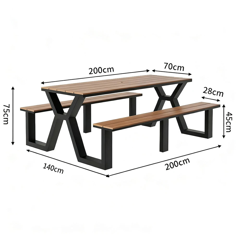 SOLARA Outdoor Table & Chair Set 120/160/200cm Eco-Friendly Waterproof Sunproof Plastic-Wood Surface Durable Anti-Oxidation Steel Frame - Black