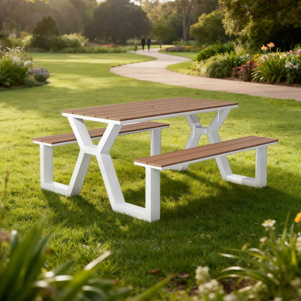 SOLARA Outdoor Table & Chair Set 120/160/200cm Eco-Friendly Waterproof Sunproof Plastic-Wood Surface Durable Anti-Oxidation Steel Frame - White