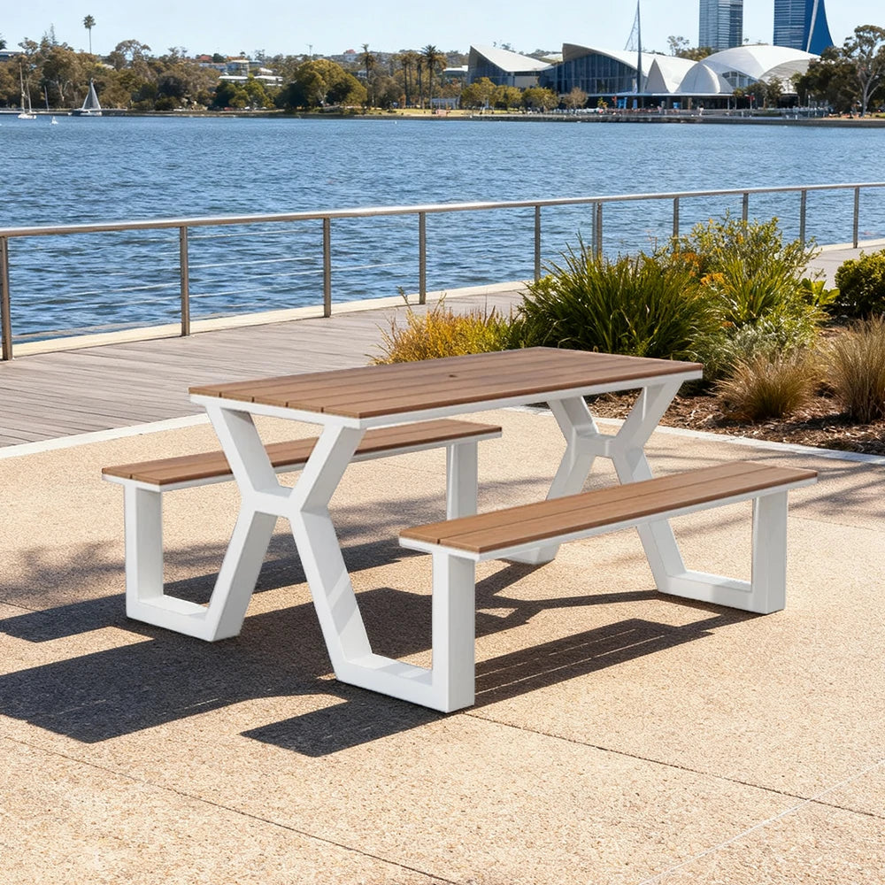 SOLARA Outdoor Table & Chair Set 120/160/200cm Eco-Friendly Waterproof Sunproof Plastic-Wood Surface Durable Anti-Oxidation Steel Frame - White