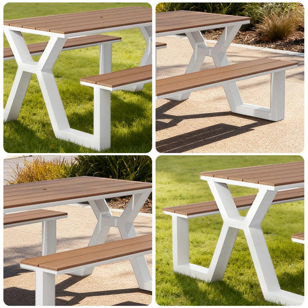 SOLARA Outdoor Table & Chair Set 120/160/200cm Eco-Friendly Waterproof Sunproof Plastic-Wood Surface Durable Anti-Oxidation Steel Frame - White