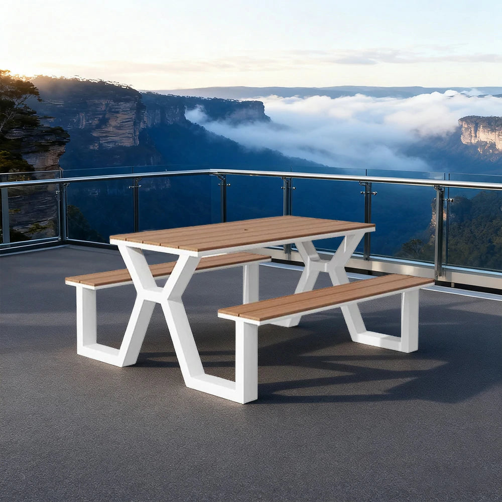 SOLARA Outdoor Table & Chair Set 120/160/200cm Eco-Friendly Waterproof Sunproof Plastic-Wood Surface Durable Anti-Oxidation Steel Frame - White