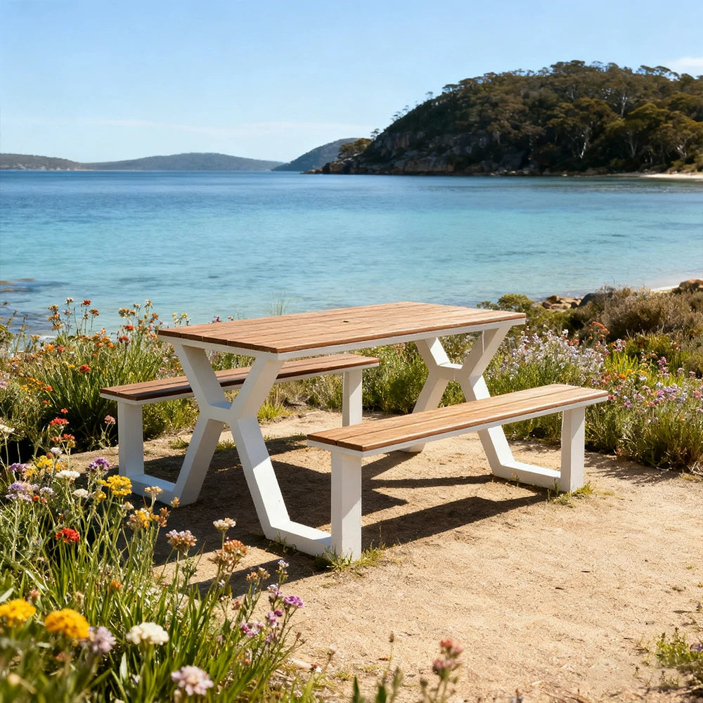 SOLARA Outdoor Table & Chair Set 120/160/200cm Eco-Friendly Waterproof Sunproof Plastic-Wood Surface Durable Anti-Oxidation Steel Frame - White