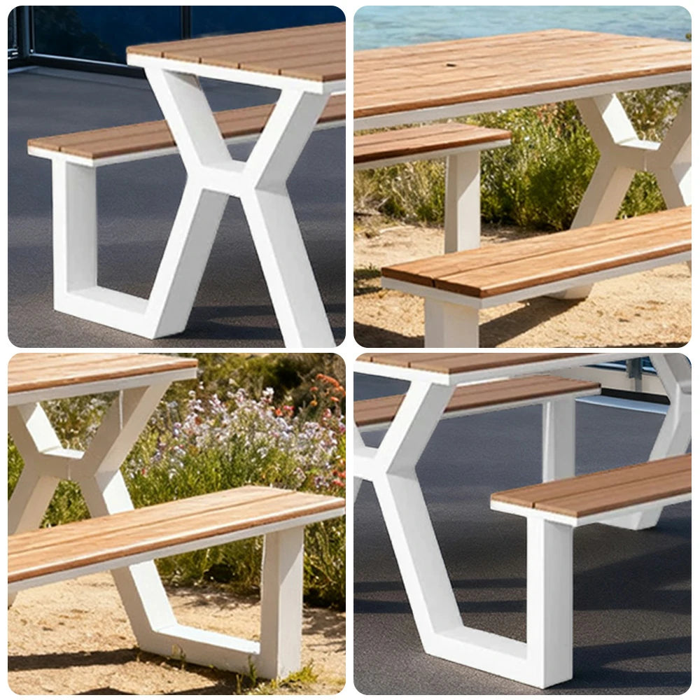 SOLARA Outdoor Table & Chair Set 120/160/200cm Eco-Friendly Waterproof Sunproof Plastic-Wood Surface Durable Anti-Oxidation Steel Frame - White