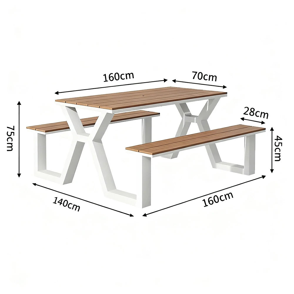 SOLARA Outdoor Table & Chair Set 120/160/200cm Eco-Friendly Waterproof Sunproof Plastic-Wood Surface Durable Anti-Oxidation Steel Frame - White