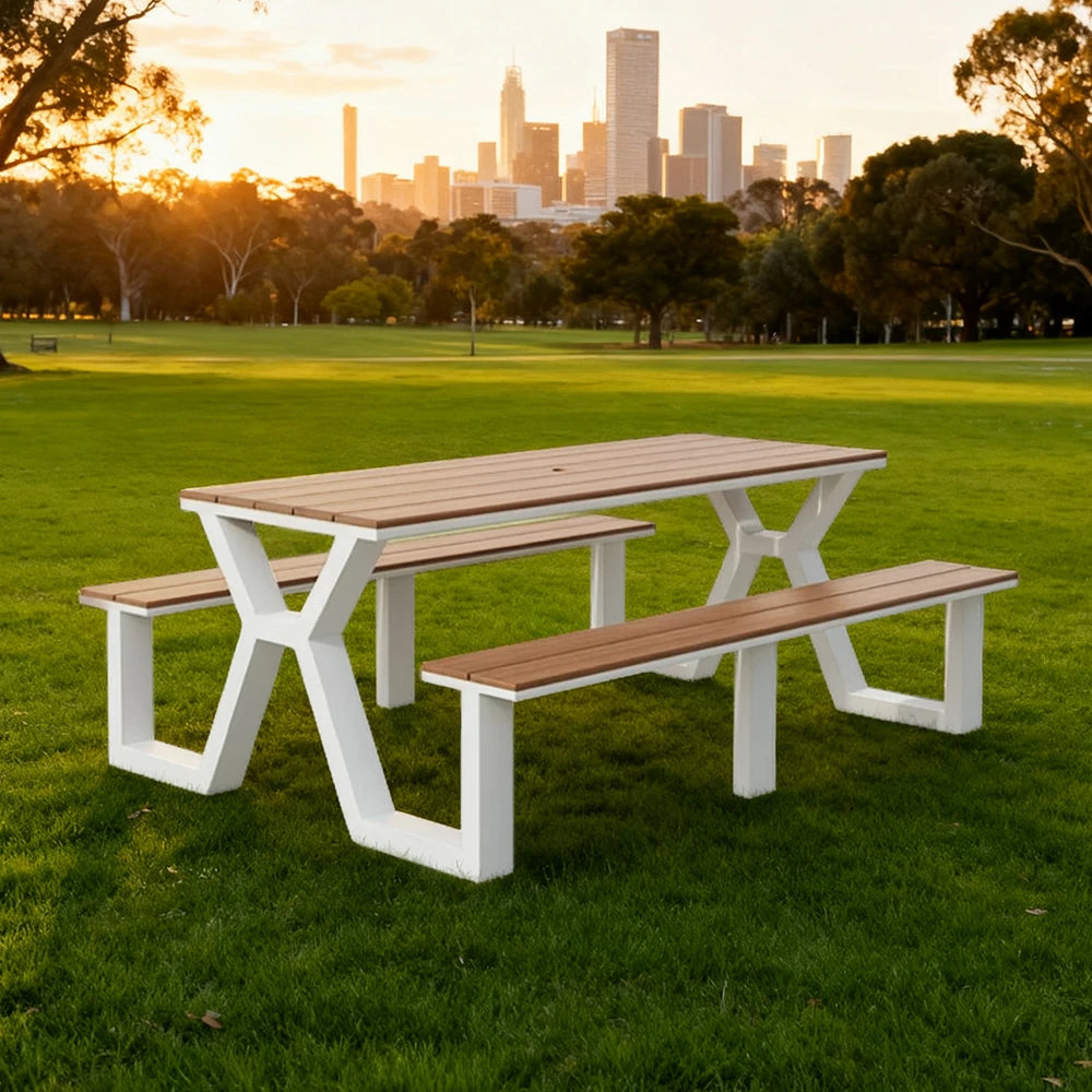 SOLARA Outdoor Table & Chair Set 120/160/200cm Eco-Friendly Waterproof Sunproof Plastic-Wood Surface Durable Anti-Oxidation Steel Frame - White