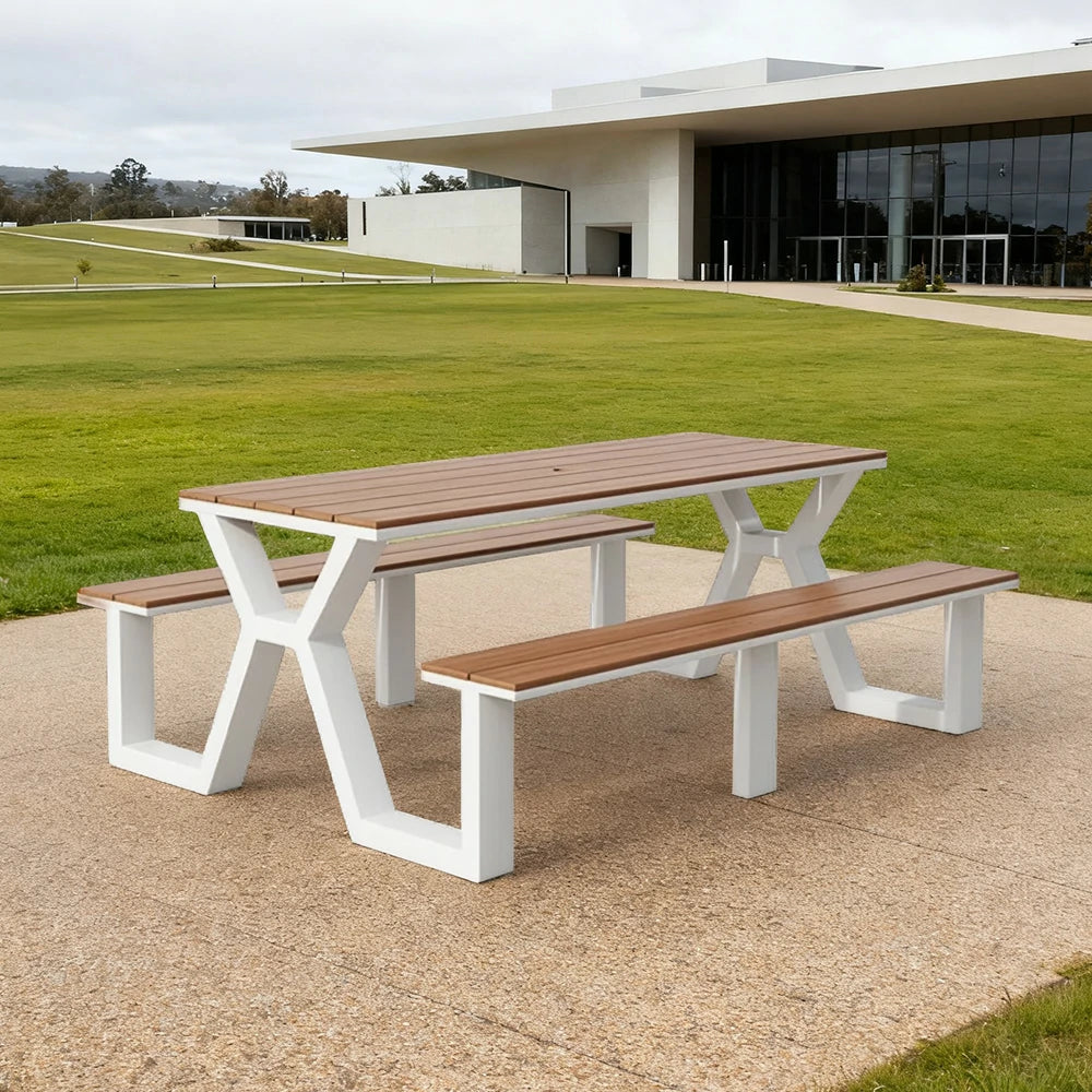 SOLARA Outdoor Table & Chair Set 120/160/200cm Eco-Friendly Waterproof Sunproof Plastic-Wood Surface Durable Anti-Oxidation Steel Frame - White