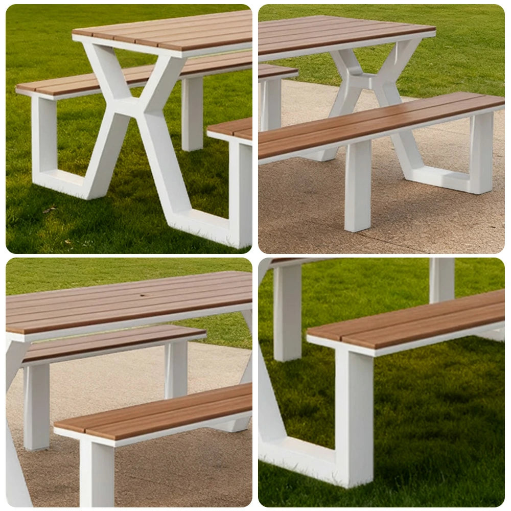 SOLARA Outdoor Table & Chair Set 120/160/200cm Eco-Friendly Waterproof Sunproof Plastic-Wood Surface Durable Anti-Oxidation Steel Frame - White