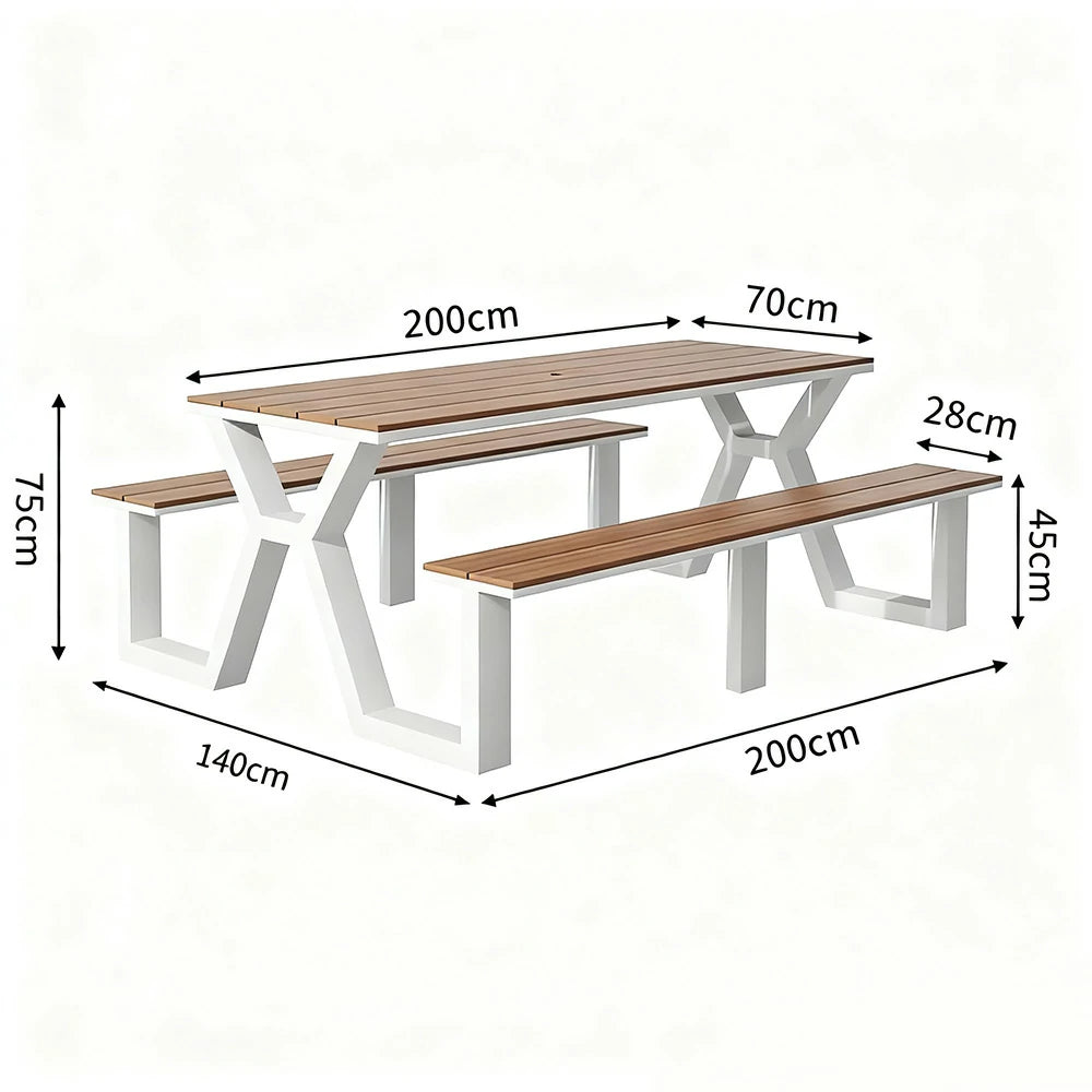 SOLARA Outdoor Table & Chair Set 120/160/200cm Eco-Friendly Waterproof Sunproof Plastic-Wood Surface Durable Anti-Oxidation Steel Frame - White