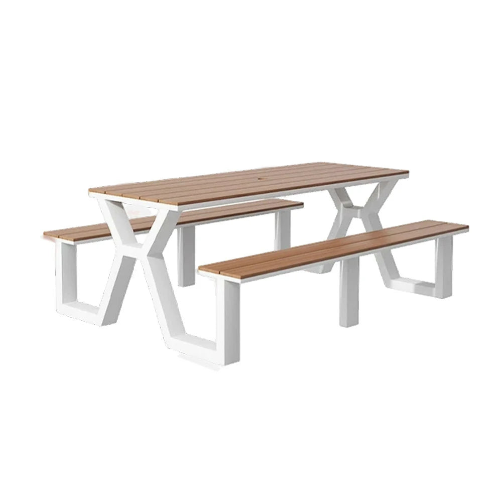 SOLARA Outdoor Table & Chair Set 120/160/200cm Eco-Friendly Waterproof Sunproof Plastic-Wood Surface Durable Anti-Oxidation Steel Frame - White