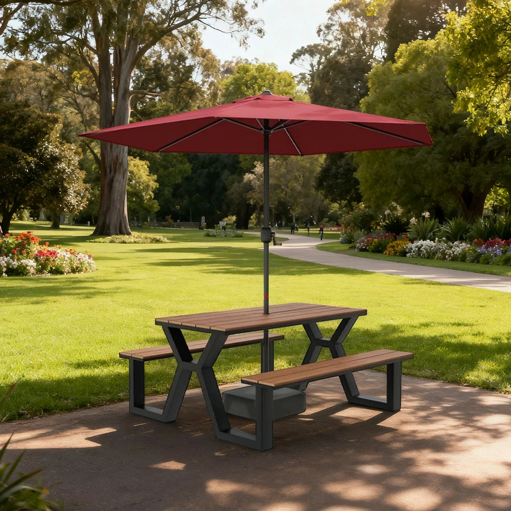 SOLARA Outdoor Table, Chair & Umbrella Set 120/160/200cm Eco-Friendly Waterproof Sunproof Plastic-Wood Surface Durable Anti-Oxidation Steel Frame - Black