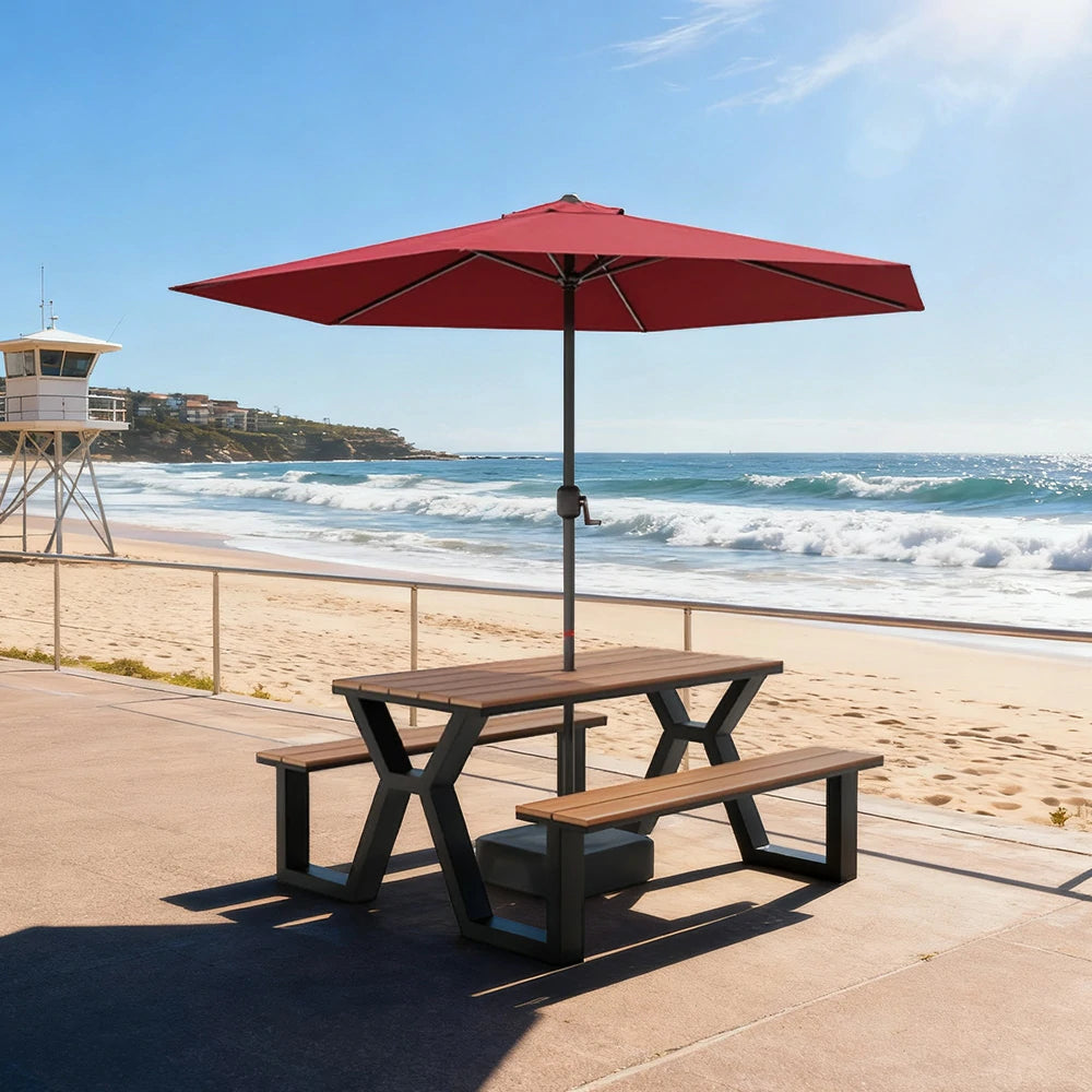 SOLARA Outdoor Table, Chair & Umbrella Set 120/160/200cm Eco-Friendly Waterproof Sunproof Plastic-Wood Surface Durable Anti-Oxidation Steel Frame - Black