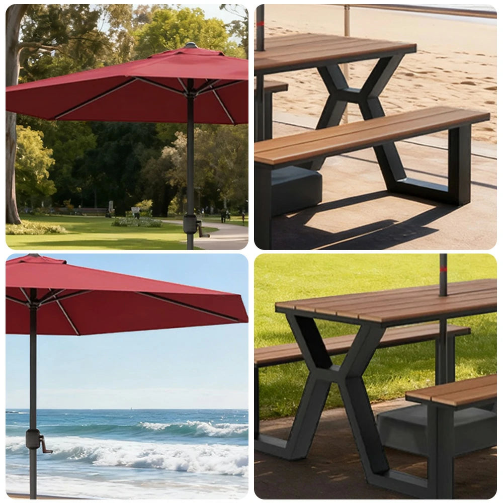 SOLARA Outdoor Table, Chair & Umbrella Set 120/160/200cm Eco-Friendly Waterproof Sunproof Plastic-Wood Surface Durable Anti-Oxidation Steel Frame - Black