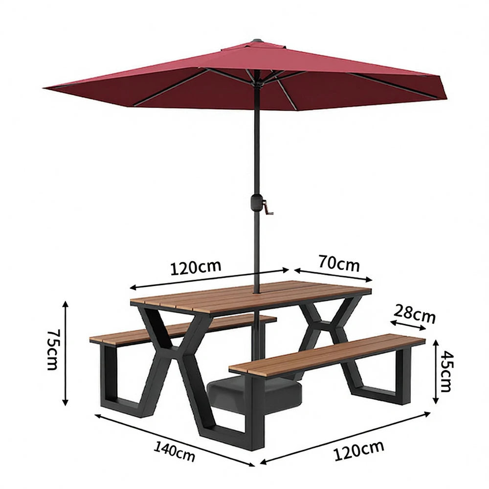 SOLARA Outdoor Table, Chair & Umbrella Set 120/160/200cm Eco-Friendly Waterproof Sunproof Plastic-Wood Surface Durable Anti-Oxidation Steel Frame - Black