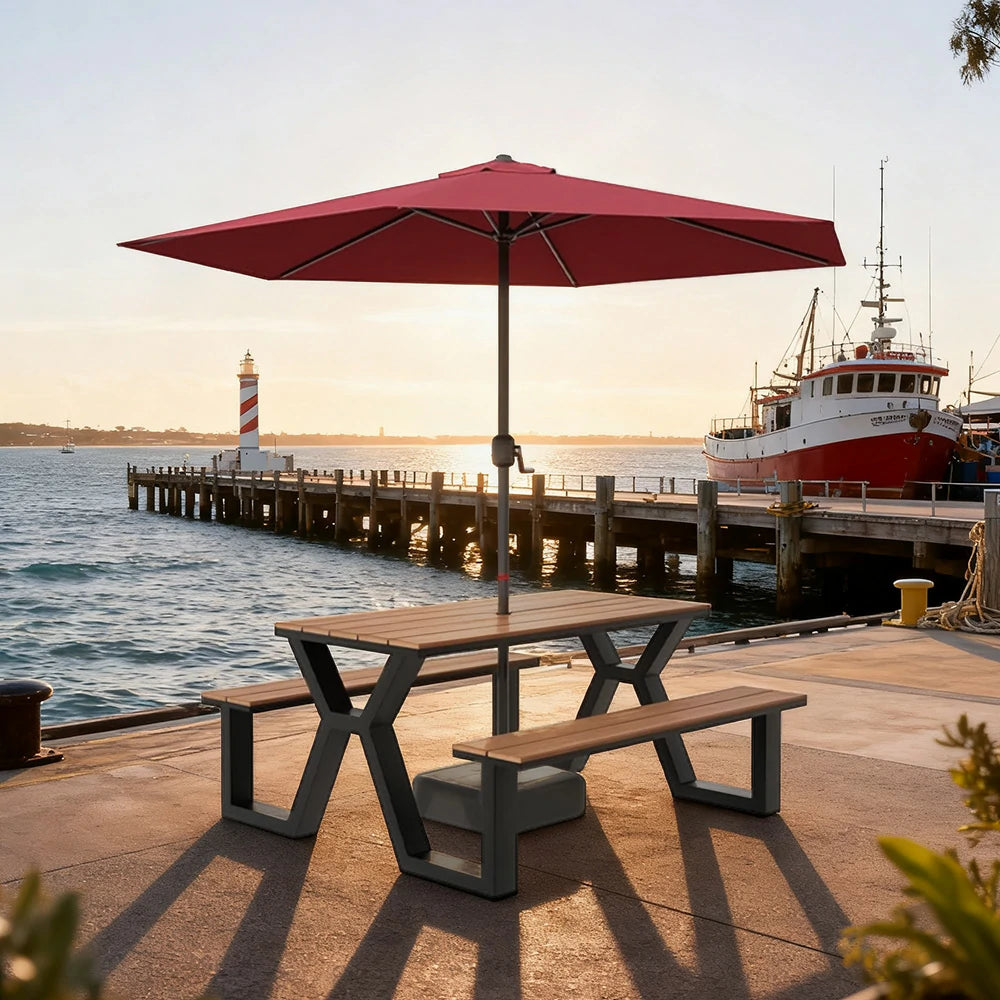 SOLARA Outdoor Table, Chair & Umbrella Set 120/160/200cm Eco-Friendly Waterproof Sunproof Plastic-Wood Surface Durable Anti-Oxidation Steel Frame - Black