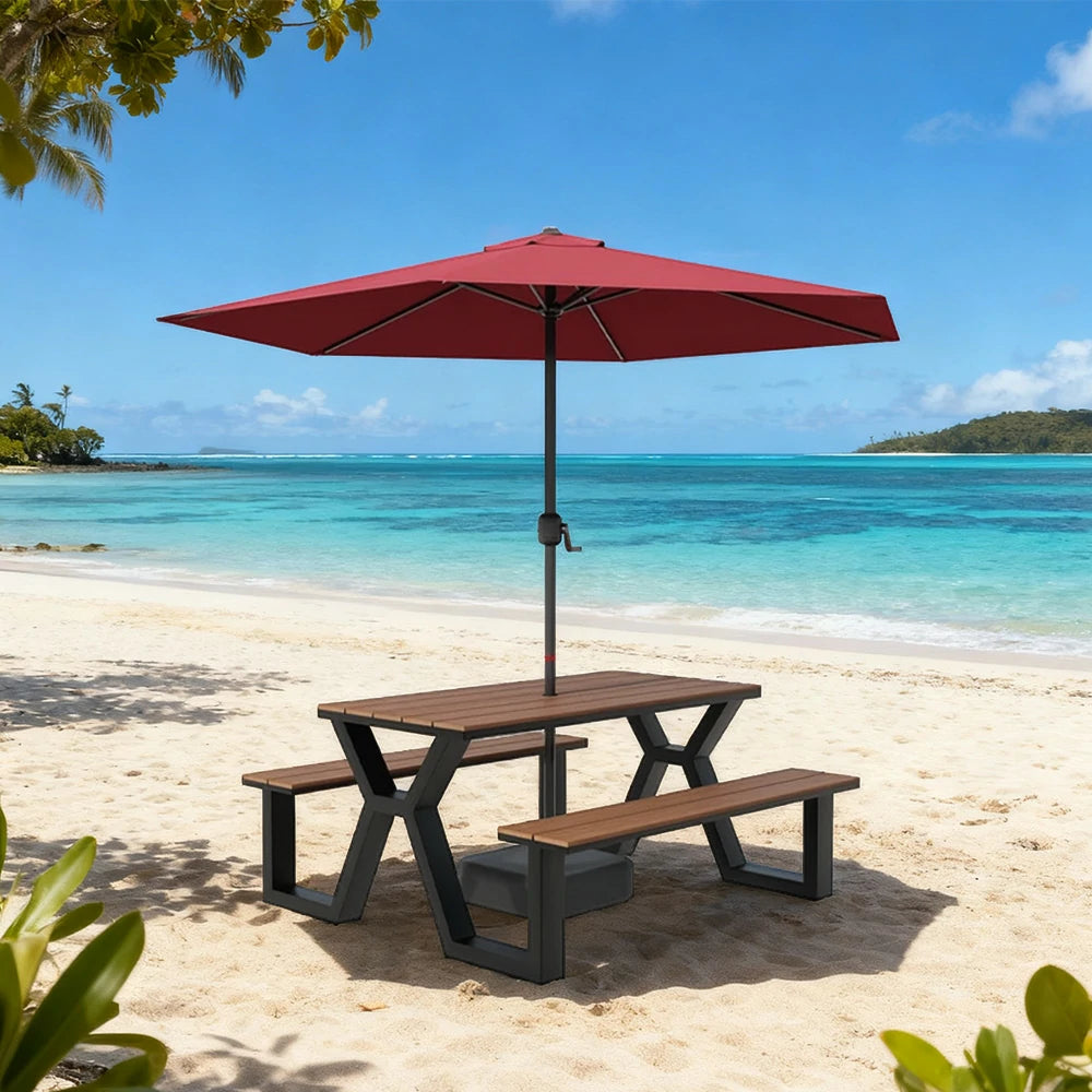 SOLARA Outdoor Table, Chair & Umbrella Set 120/160/200cm Eco-Friendly Waterproof Sunproof Plastic-Wood Surface Durable Anti-Oxidation Steel Frame - Black