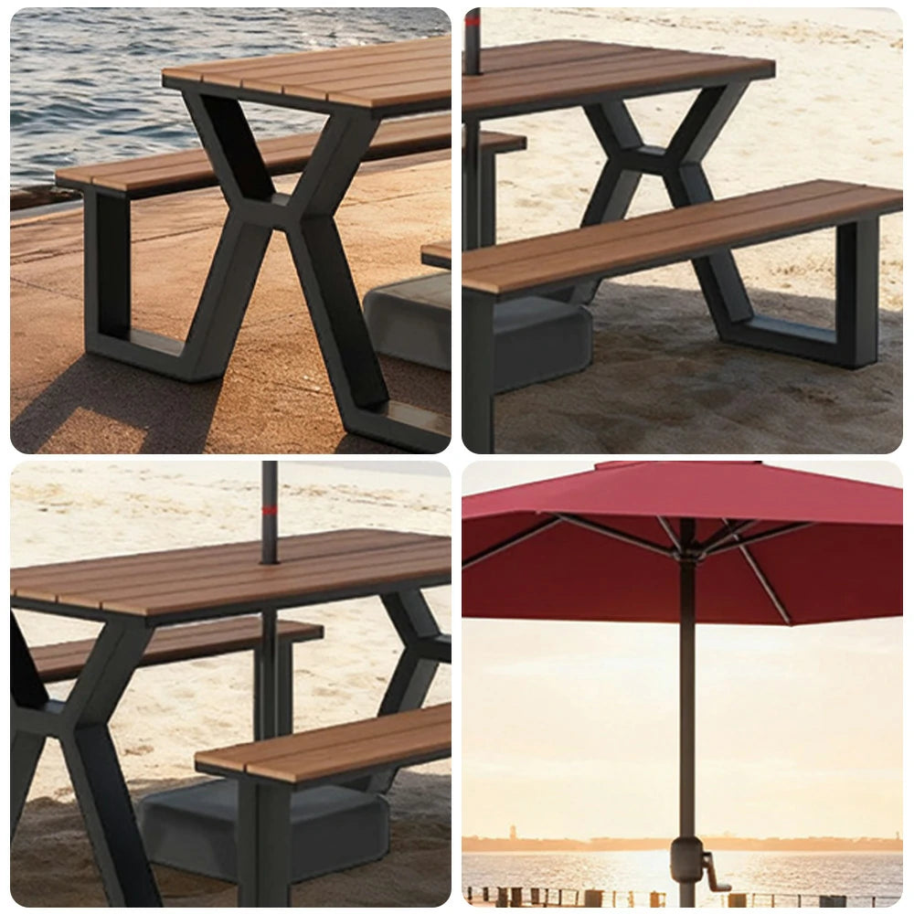 SOLARA Outdoor Table, Chair & Umbrella Set 120/160/200cm Eco-Friendly Waterproof Sunproof Plastic-Wood Surface Durable Anti-Oxidation Steel Frame - Black