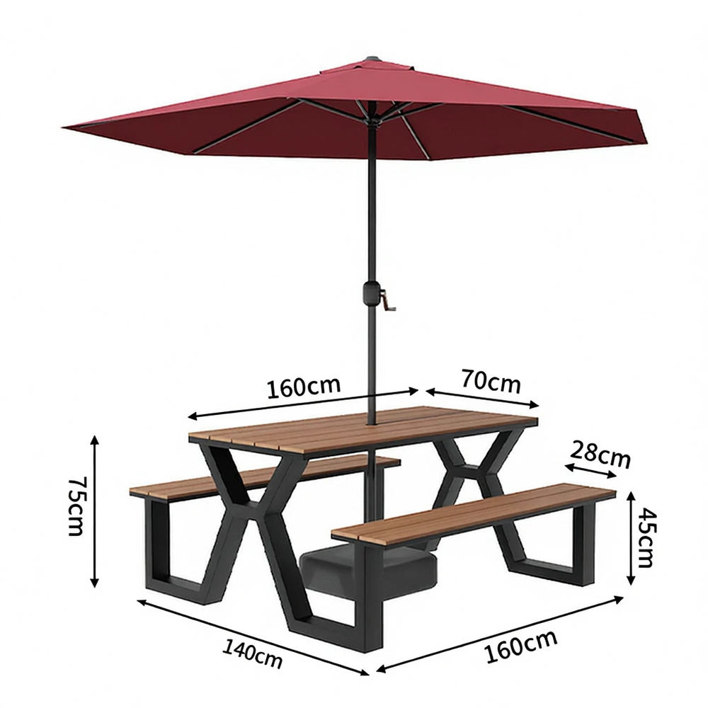 SOLARA Outdoor Table, Chair & Umbrella Set 120/160/200cm Eco-Friendly Waterproof Sunproof Plastic-Wood Surface Durable Anti-Oxidation Steel Frame - Black