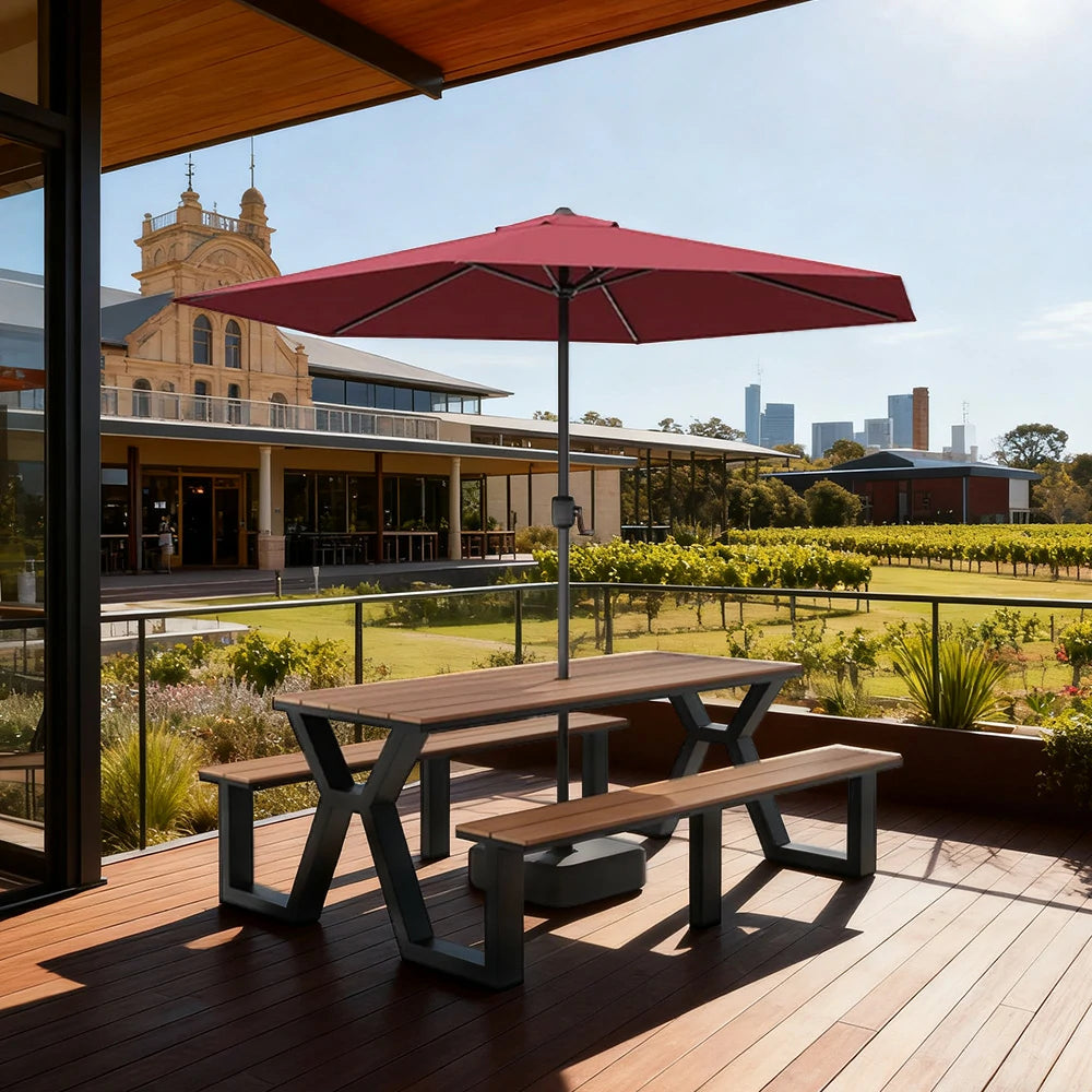 SOLARA Outdoor Table, Chair & Umbrella Set 120/160/200cm Eco-Friendly Waterproof Sunproof Plastic-Wood Surface Durable Anti-Oxidation Steel Frame - Black