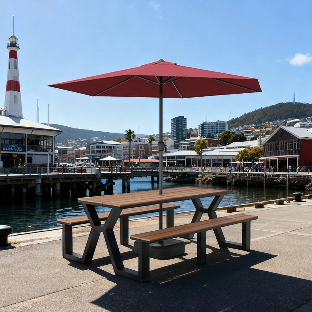 SOLARA Outdoor Table, Chair & Umbrella Set 120/160/200cm Eco-Friendly Waterproof Sunproof Plastic-Wood Surface Durable Anti-Oxidation Steel Frame - Black