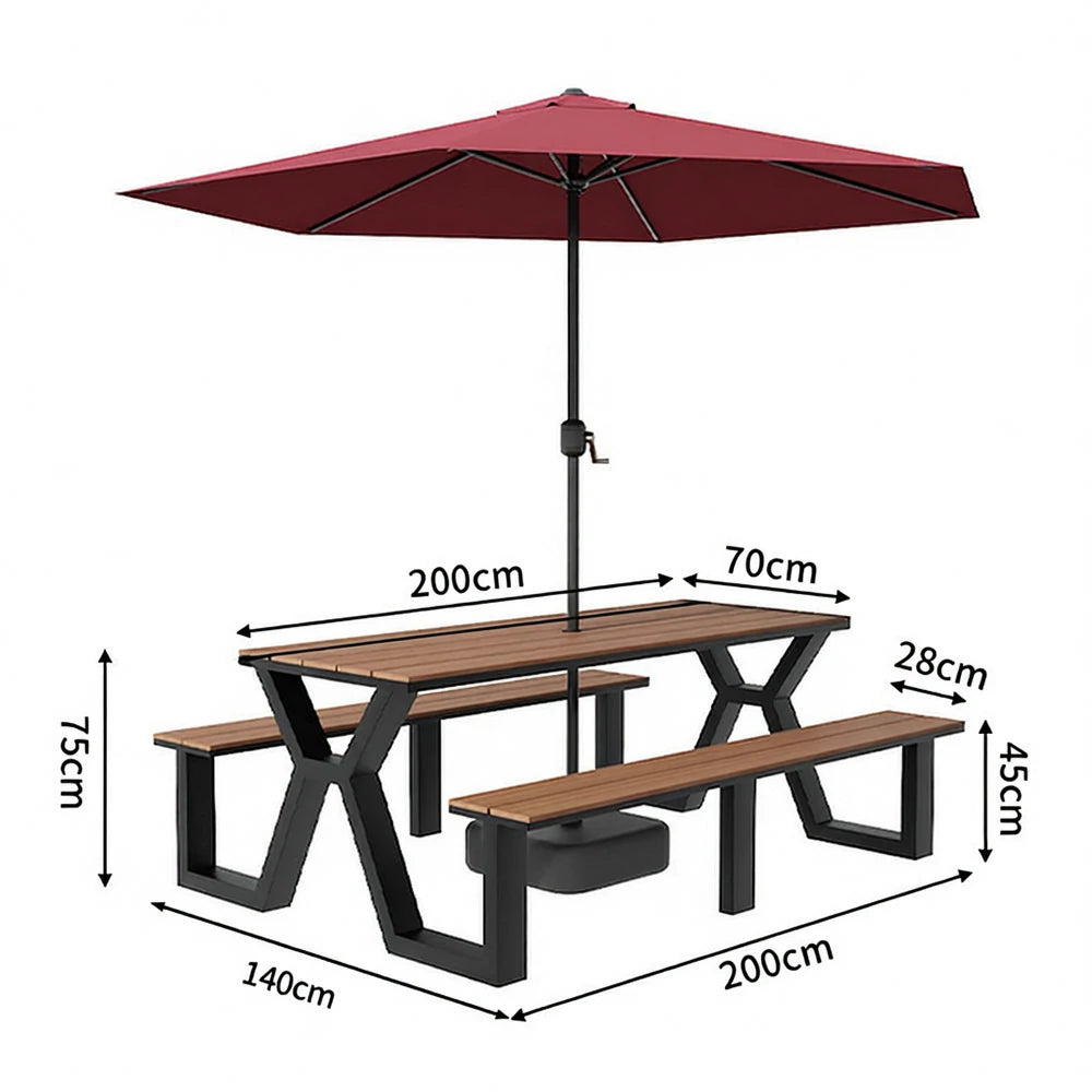 SOLARA Outdoor Table, Chair & Umbrella Set 120/160/200cm Eco-Friendly Waterproof Sunproof Plastic-Wood Surface Durable Anti-Oxidation Steel Frame - Black