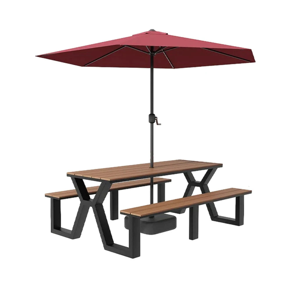 SOLARA Outdoor Table, Chair & Umbrella Set 120/160/200cm Eco-Friendly Waterproof Sunproof Plastic-Wood Surface Durable Anti-Oxidation Steel Frame - Black