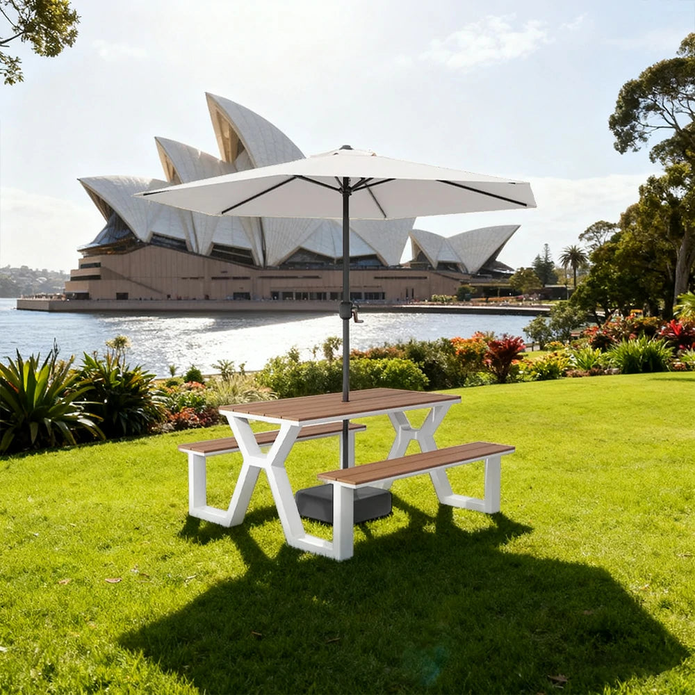 SOLARA Outdoor Table, Chair & Umbrella Set 120/160/200cm Eco-Friendly Waterproof Sunproof Plastic-Wood Surface Durable Anti-Oxidation Steel Frame - White