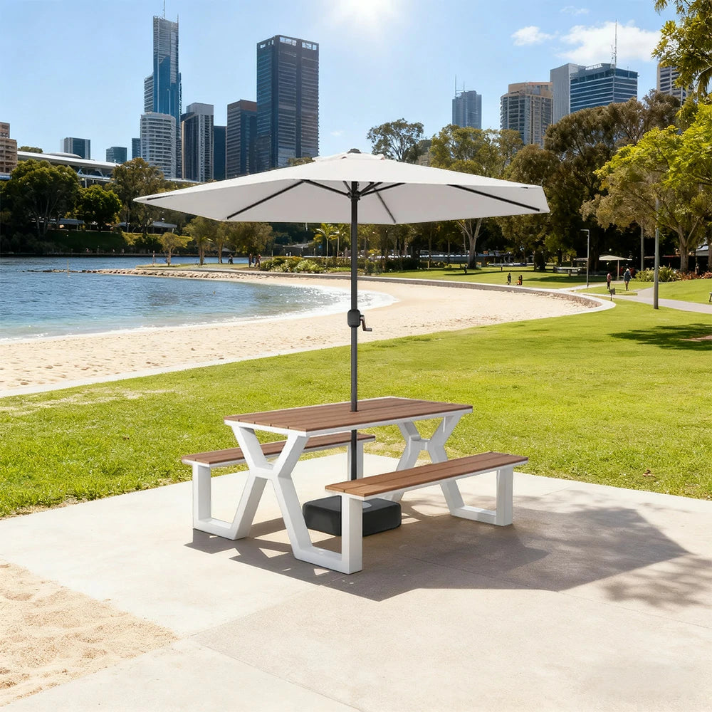 SOLARA Outdoor Table, Chair & Umbrella Set 120/160/200cm Eco-Friendly Waterproof Sunproof Plastic-Wood Surface Durable Anti-Oxidation Steel Frame - White