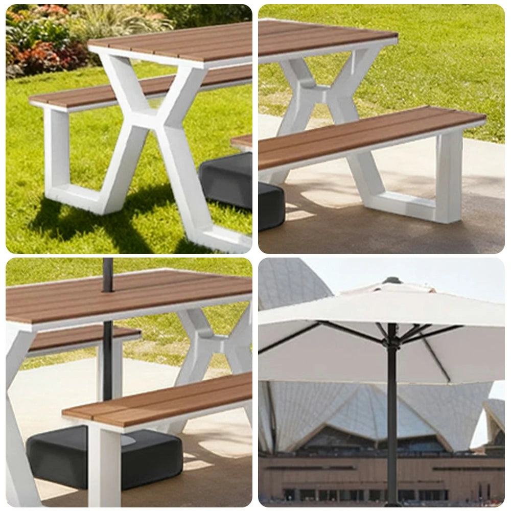 SOLARA Outdoor Table, Chair & Umbrella Set 120/160/200cm Eco-Friendly Waterproof Sunproof Plastic-Wood Surface Durable Anti-Oxidation Steel Frame - White