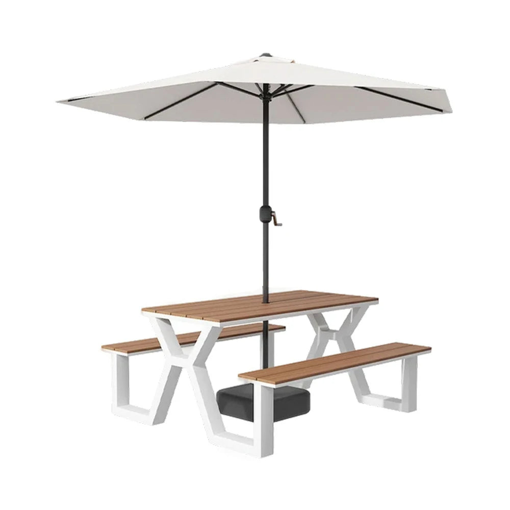 SOLARA Outdoor Table, Chair & Umbrella Set 120/160/200cm Eco-Friendly Waterproof Sunproof Plastic-Wood Surface Durable Anti-Oxidation Steel Frame - White
