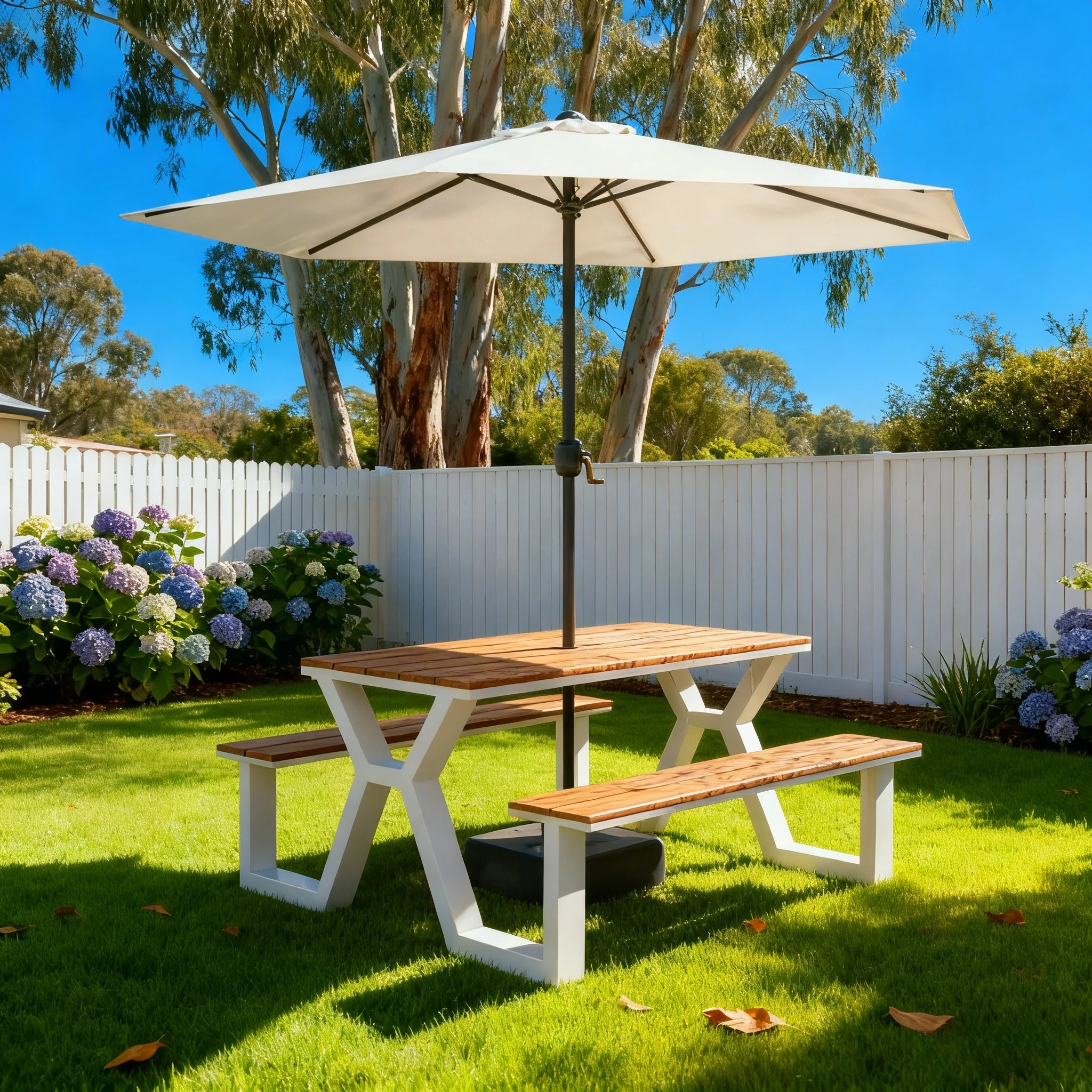 SOLARA Outdoor Table, Chair & Umbrella Set 120/160/200cm Eco-Friendly Waterproof Sunproof Plastic-Wood Surface Durable Anti-Oxidation Steel Frame - White