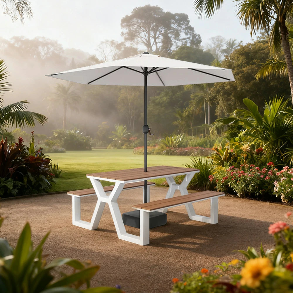 SOLARA Outdoor Table, Chair & Umbrella Set 120/160/200cm Eco-Friendly Waterproof Sunproof Plastic-Wood Surface Durable Anti-Oxidation Steel Frame - White