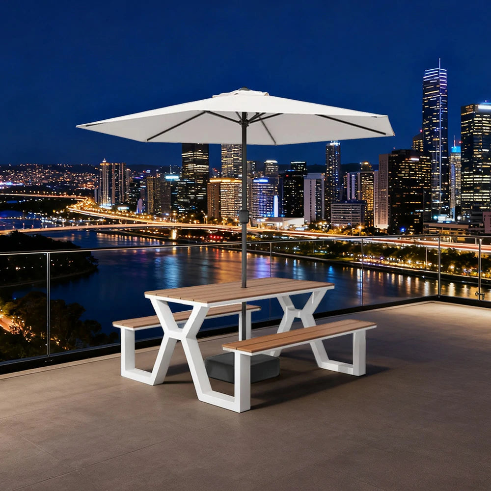 SOLARA Outdoor Table, Chair & Umbrella Set 120/160/200cm Eco-Friendly Waterproof Sunproof Plastic-Wood Surface Durable Anti-Oxidation Steel Frame - White