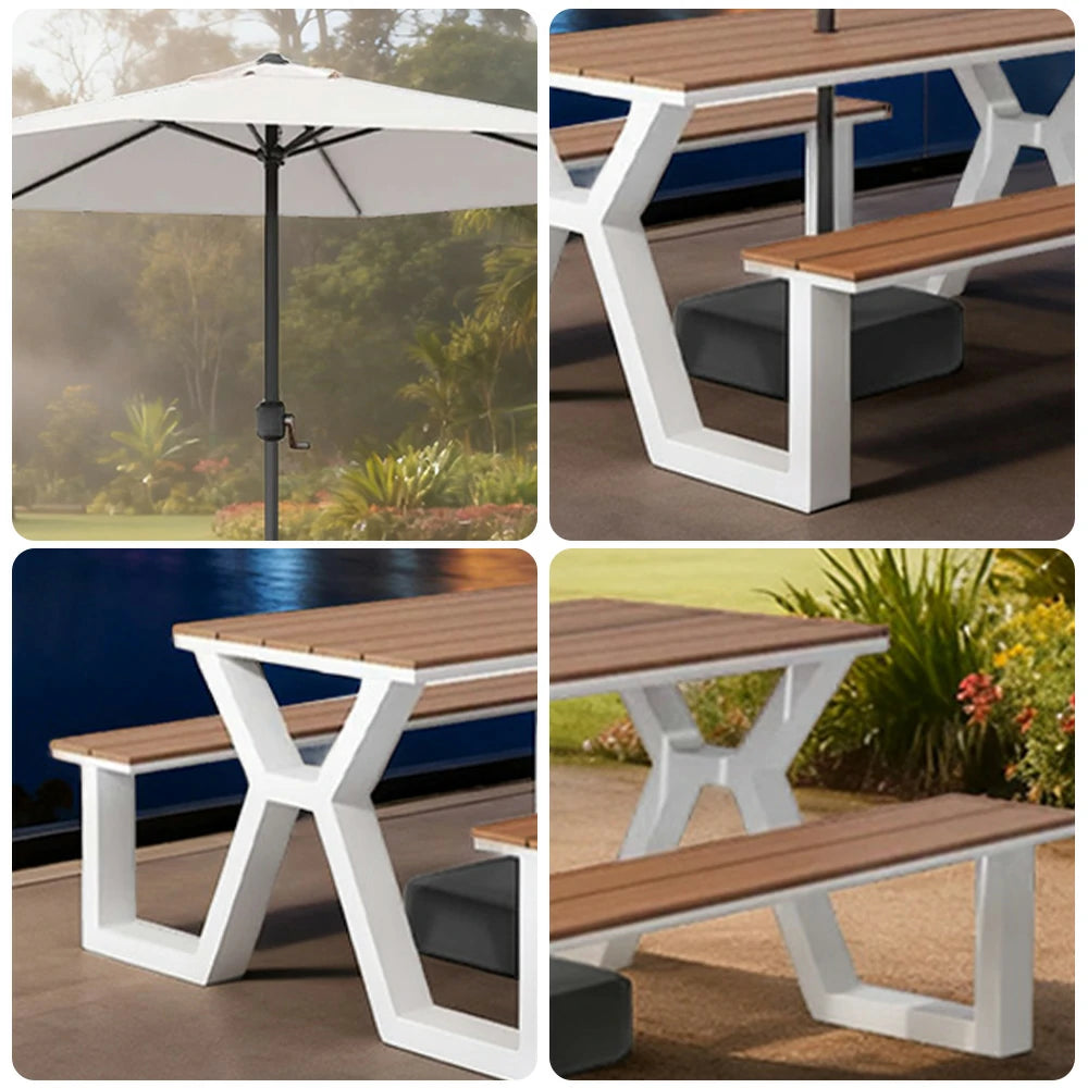 SOLARA Outdoor Table, Chair & Umbrella Set 120/160/200cm Eco-Friendly Waterproof Sunproof Plastic-Wood Surface Durable Anti-Oxidation Steel Frame - White