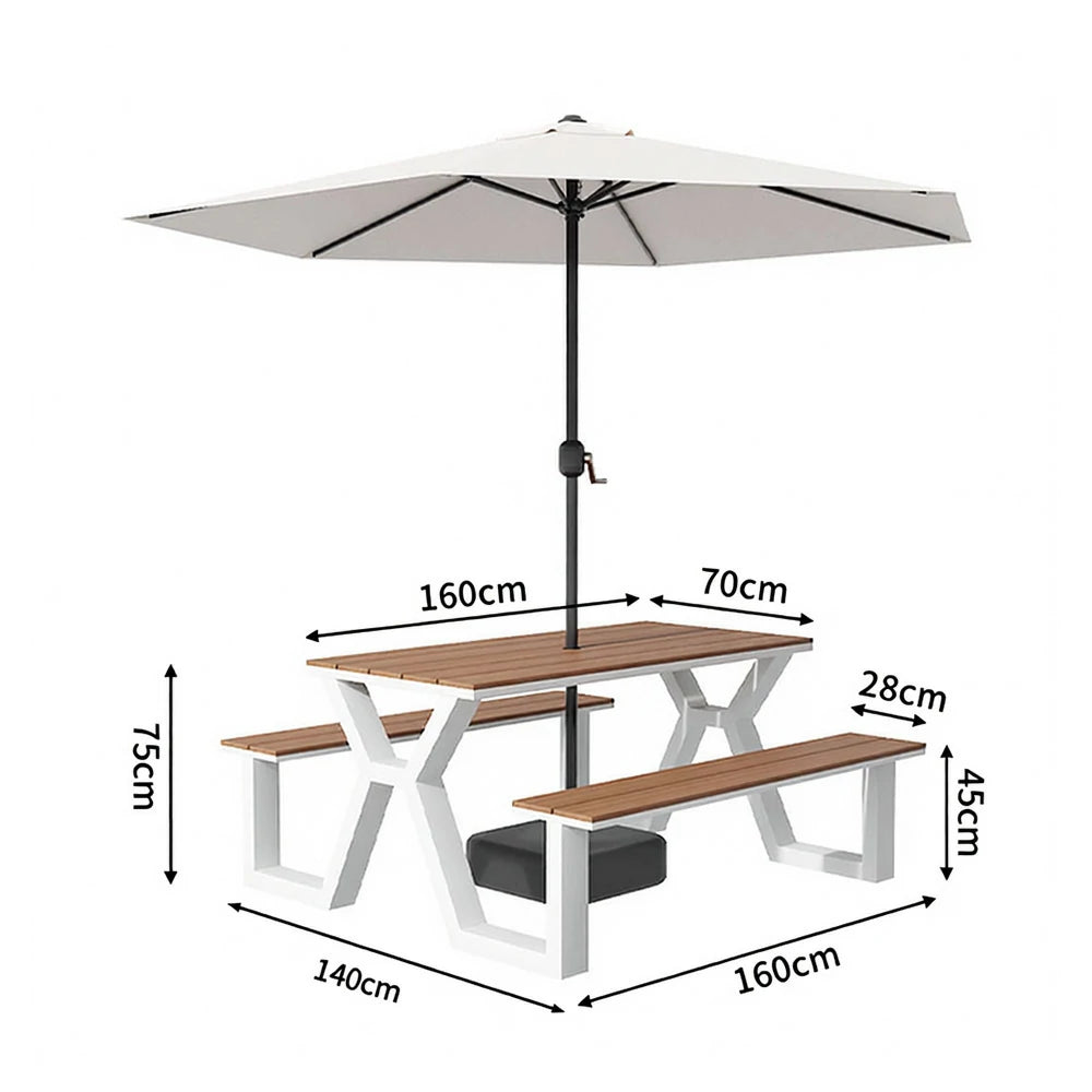 SOLARA Outdoor Table, Chair & Umbrella Set 120/160/200cm Eco-Friendly Waterproof Sunproof Plastic-Wood Surface Durable Anti-Oxidation Steel Frame - White