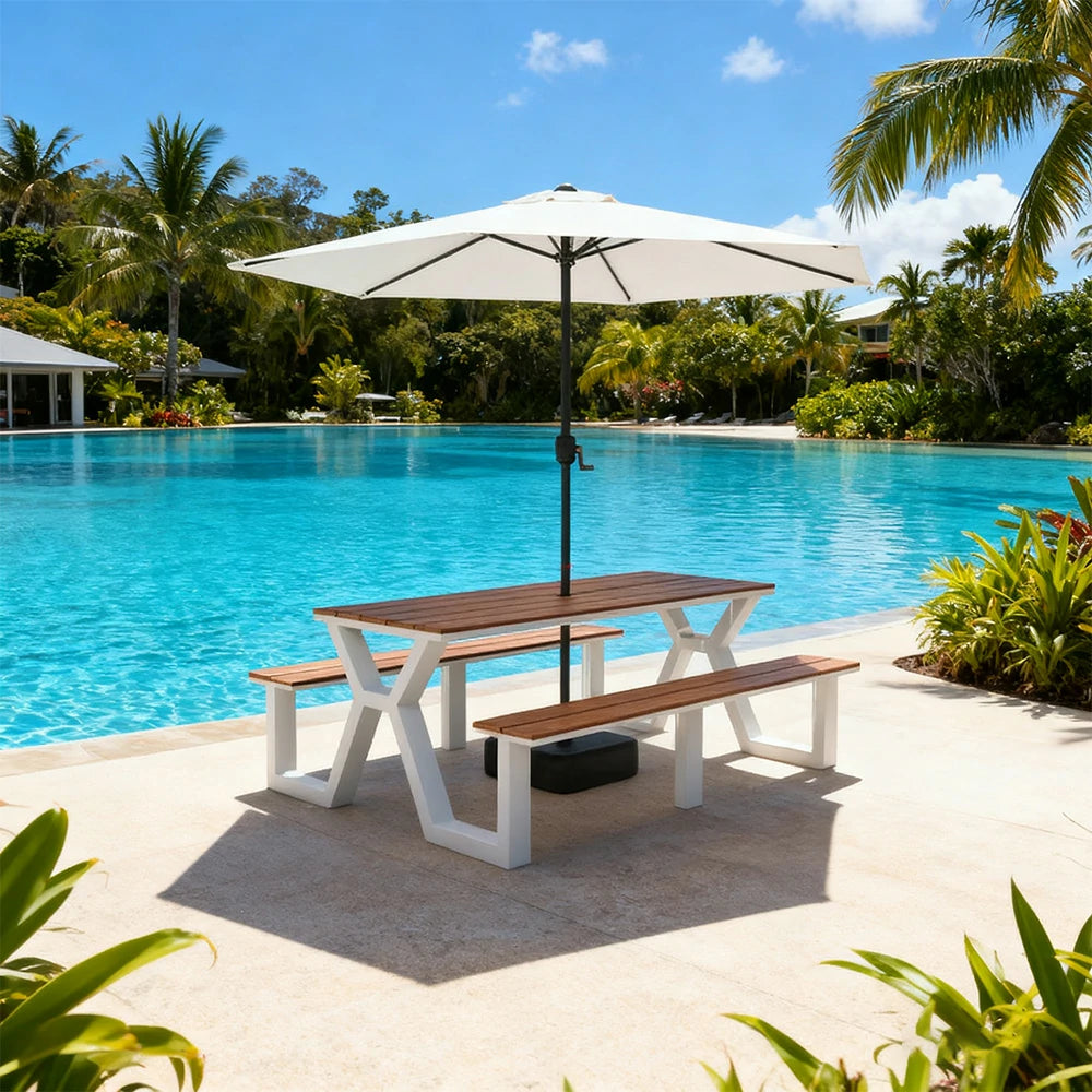 SOLARA Outdoor Table, Chair & Umbrella Set 120/160/200cm Eco-Friendly Waterproof Sunproof Plastic-Wood Surface Durable Anti-Oxidation Steel Frame - White