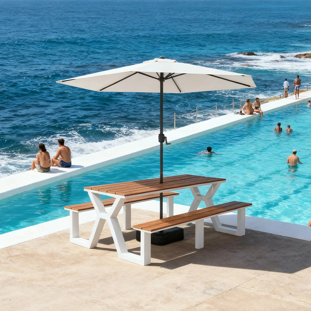 SOLARA Outdoor Table, Chair & Umbrella Set 120/160/200cm Eco-Friendly Waterproof Sunproof Plastic-Wood Surface Durable Anti-Oxidation Steel Frame - White