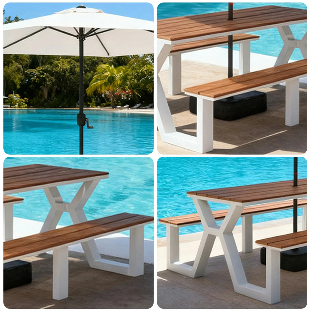 SOLARA Outdoor Table, Chair & Umbrella Set 120/160/200cm Eco-Friendly Waterproof Sunproof Plastic-Wood Surface Durable Anti-Oxidation Steel Frame - White