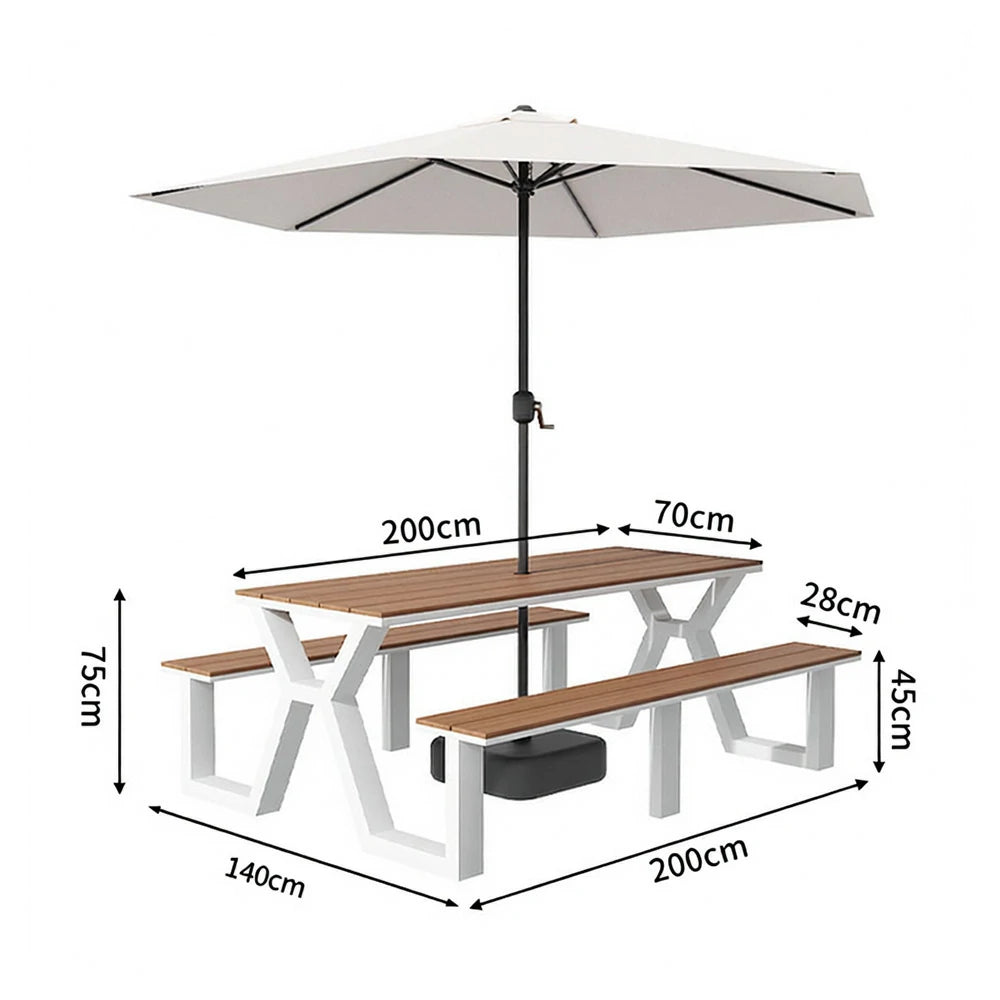 SOLARA Outdoor Table, Chair & Umbrella Set 120/160/200cm Eco-Friendly Waterproof Sunproof Plastic-Wood Surface Durable Anti-Oxidation Steel Frame - White