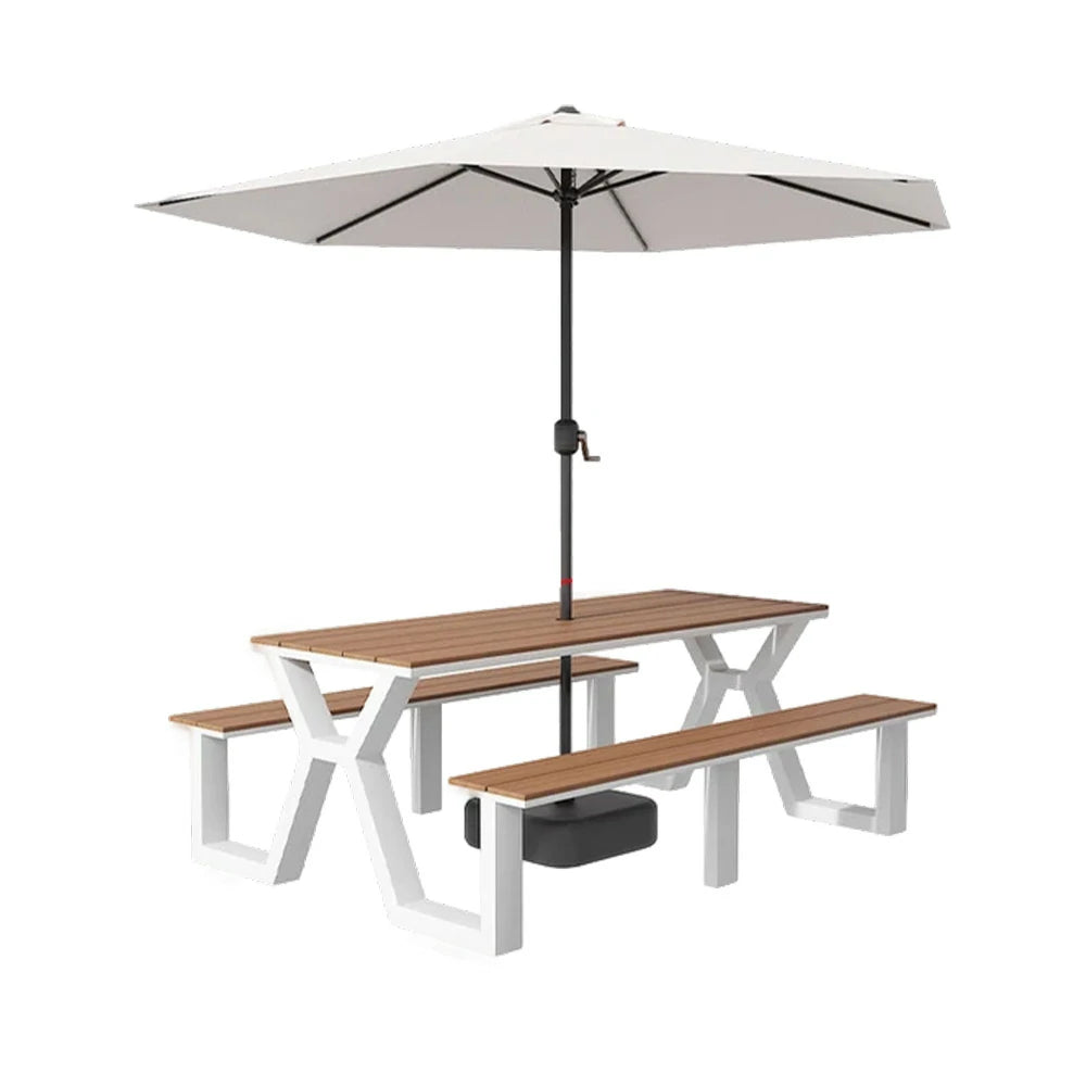 SOLARA Outdoor Table, Chair & Umbrella Set 120/160/200cm Eco-Friendly Waterproof Sunproof Plastic-Wood Surface Durable Anti-Oxidation Steel Frame - White