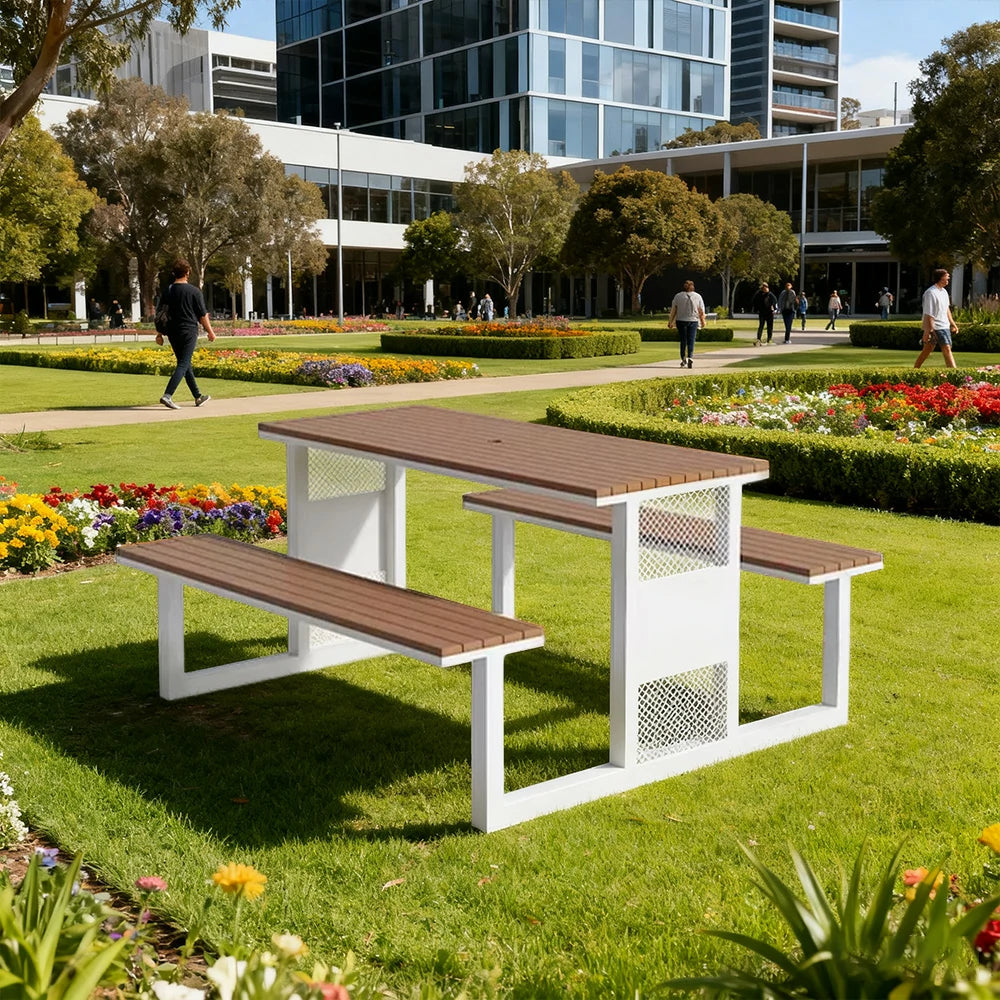 SOLARA Outdoor Table & Chair Set 120/160/200cm High-Temp Coated Steel Frame Strong Load-Bearing Waterproof Plastic-Wood Smooth Finish - White