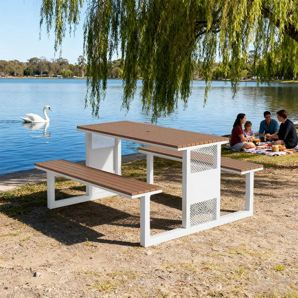 SOLARA Outdoor Table & Chair Set 120/160/200cm High-Temp Coated Steel Frame Strong Load-Bearing Waterproof Plastic-Wood Smooth Finish - White