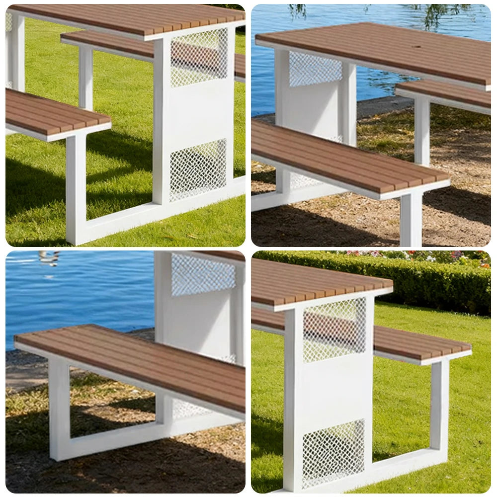 SOLARA Outdoor Table & Chair Set 120/160/200cm High-Temp Coated Steel Frame Strong Load-Bearing Waterproof Plastic-Wood Smooth Finish - White