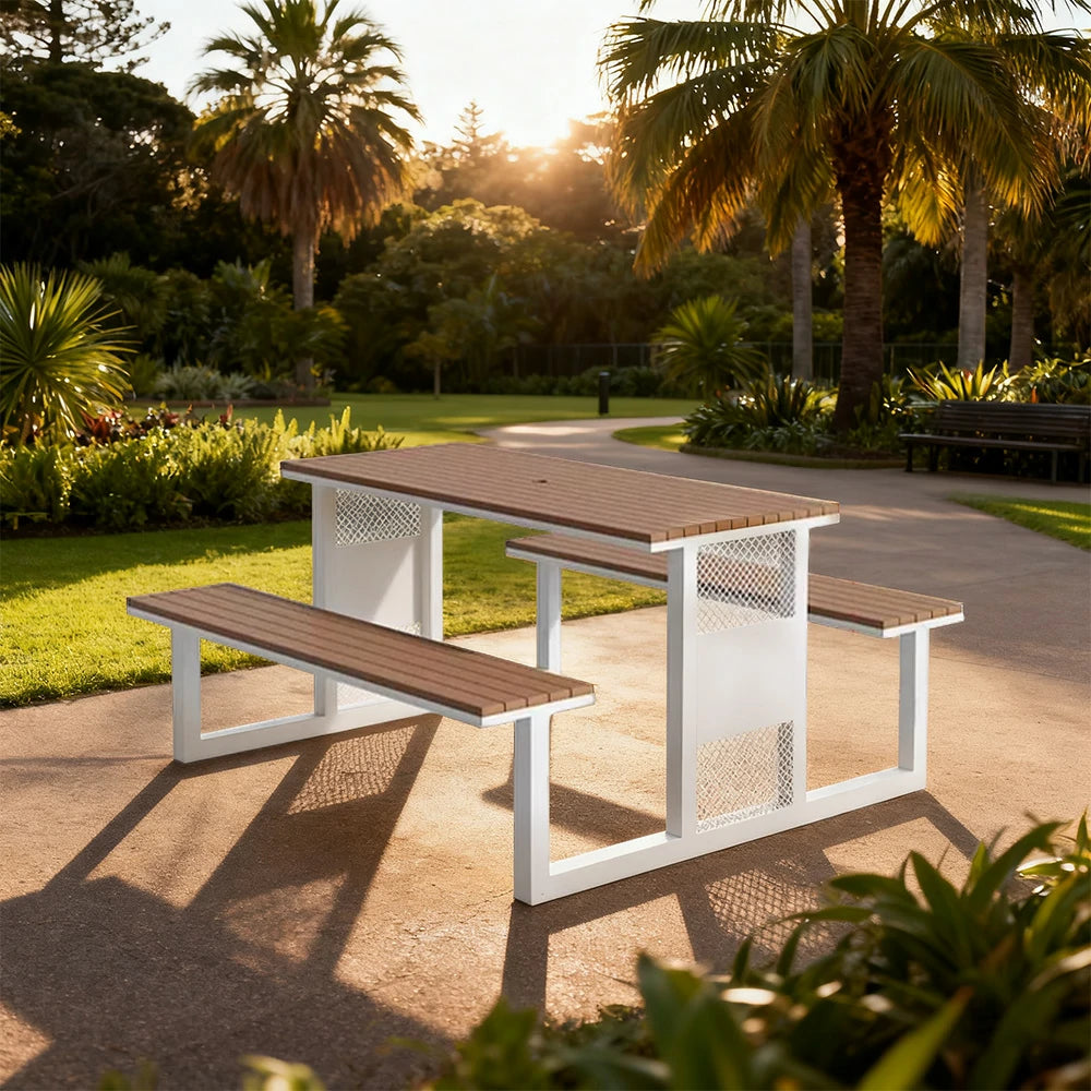 SOLARA Outdoor Table & Chair Set 120/160/200cm High-Temp Coated Steel Frame Strong Load-Bearing Waterproof Plastic-Wood Smooth Finish - White