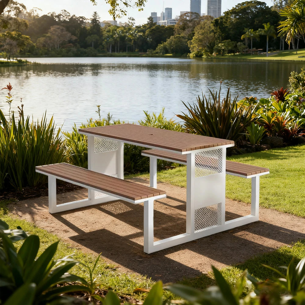 SOLARA Outdoor Table & Chair Set 120/160/200cm High-Temp Coated Steel Frame Strong Load-Bearing Waterproof Plastic-Wood Smooth Finish - White