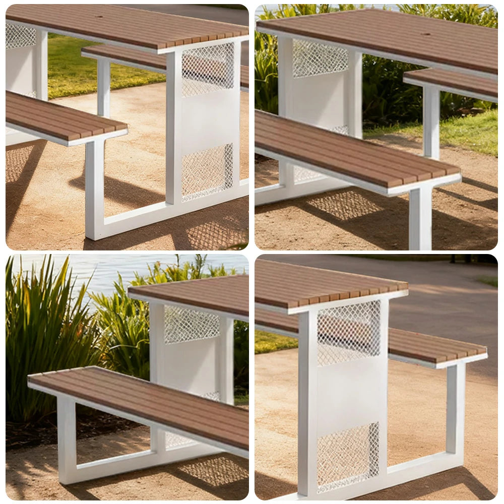 SOLARA Outdoor Table & Chair Set 120/160/200cm High-Temp Coated Steel Frame Strong Load-Bearing Waterproof Plastic-Wood Smooth Finish - White