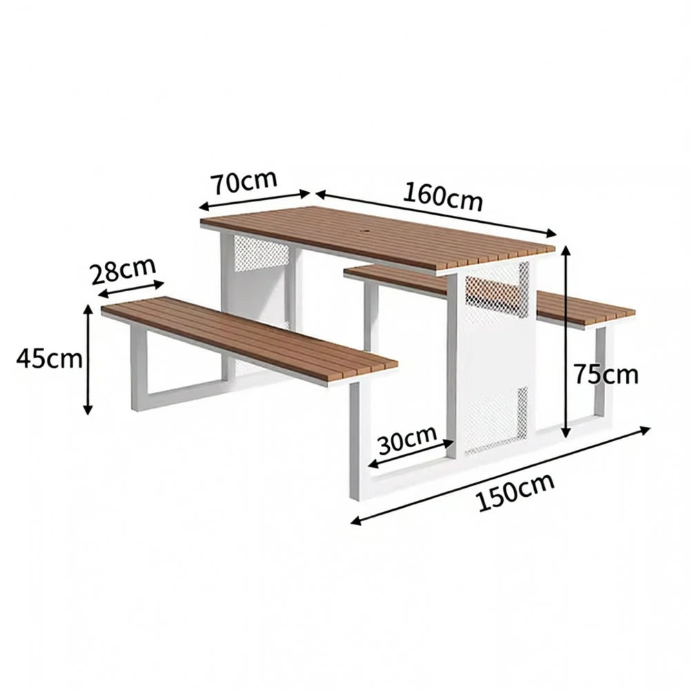 SOLARA Outdoor Table & Chair Set 120/160/200cm High-Temp Coated Steel Frame Strong Load-Bearing Waterproof Plastic-Wood Smooth Finish - White